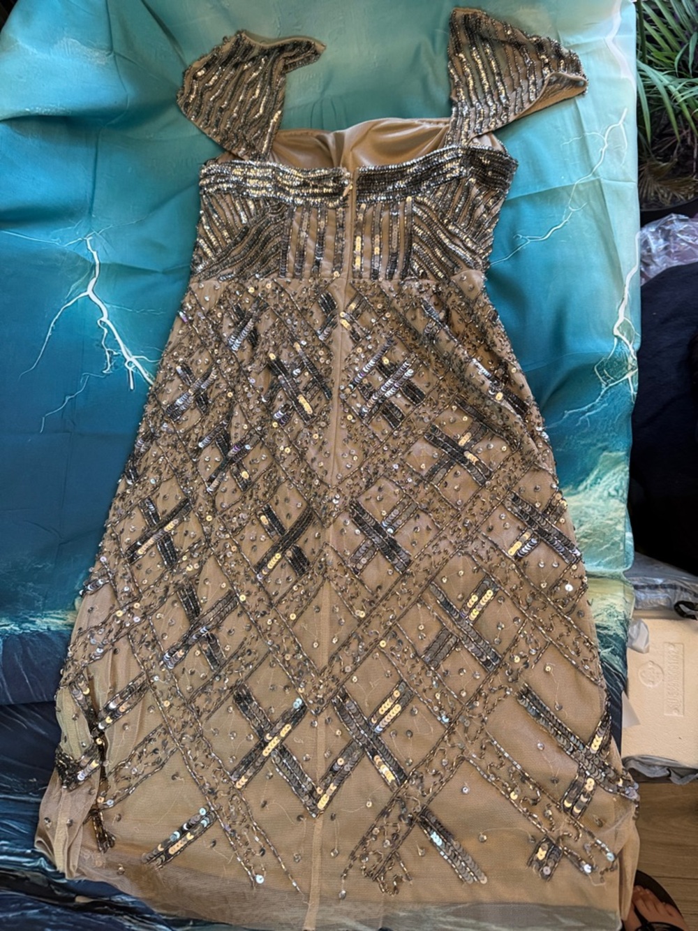 Adrianna Papell Nude Beaded Mini Dress with Gunmetal Sequins - Picture 9 of 9
